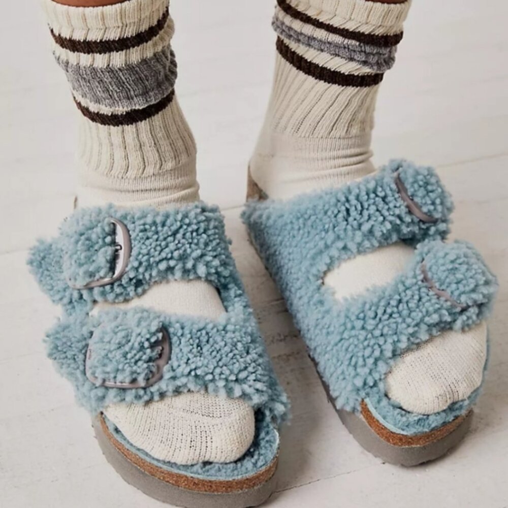 Birkenstock Papillio Arizona Big Buckle Teddy Shearling Platform Sandal Blue NEW